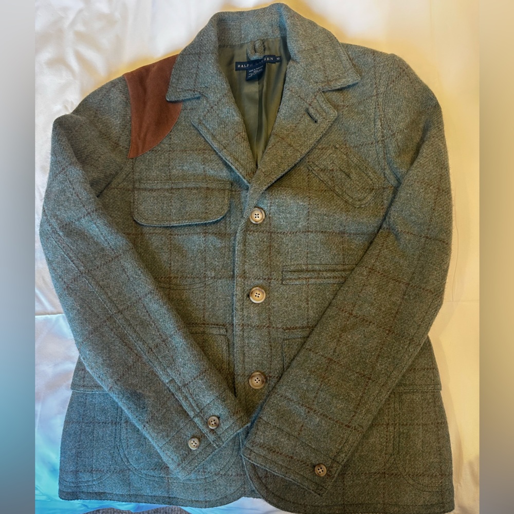 Ralph Lauren sage green plaid wool blazer size 10.